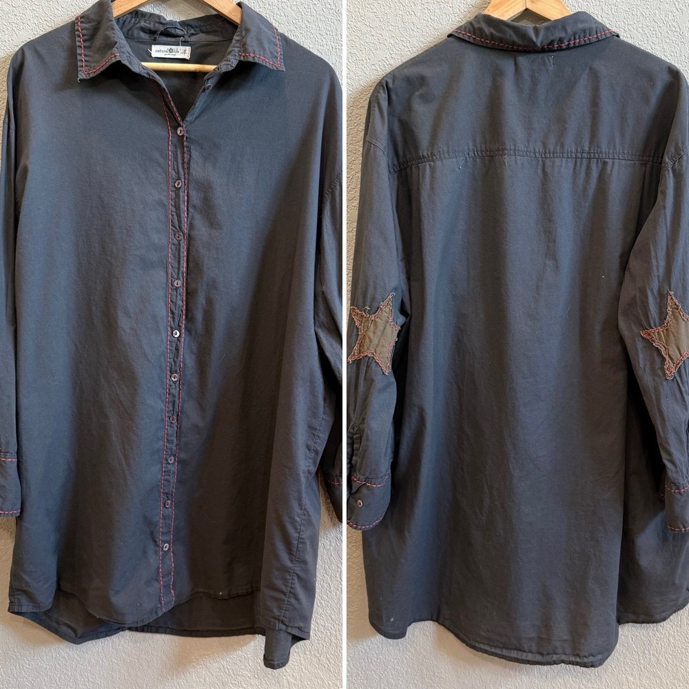 Natrual Life 100% Cotton Shirt Dress L/XL Star Elbow Embroidery Detail